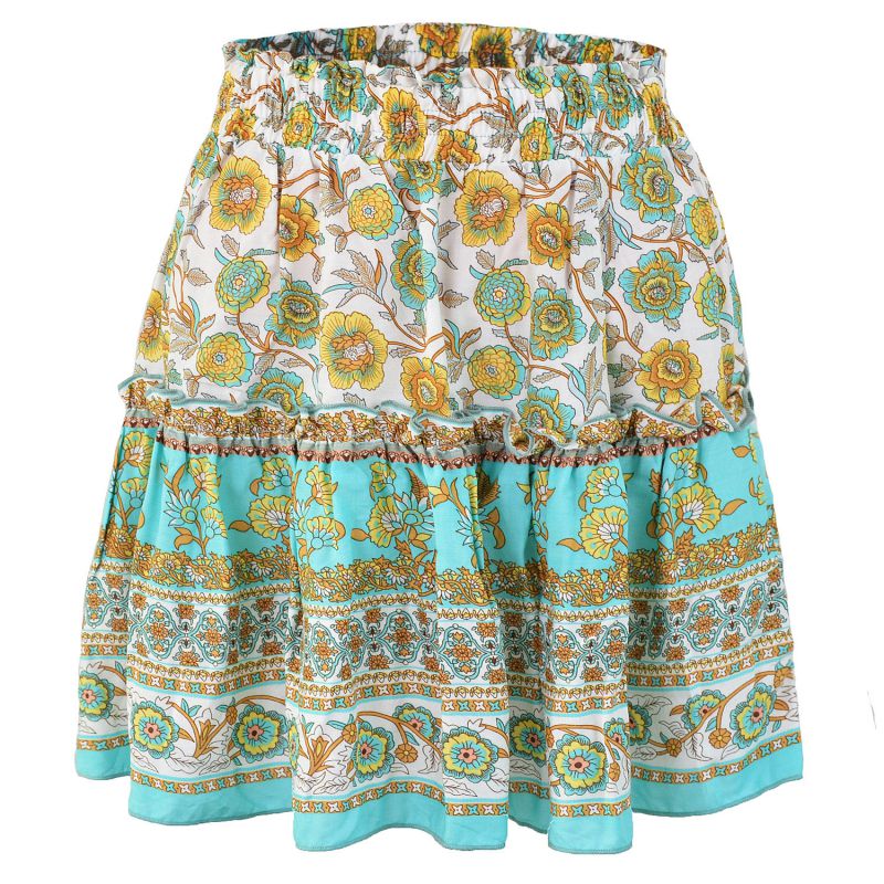 Fashion Sky Blue Polyester Printed Ruffle Skirt