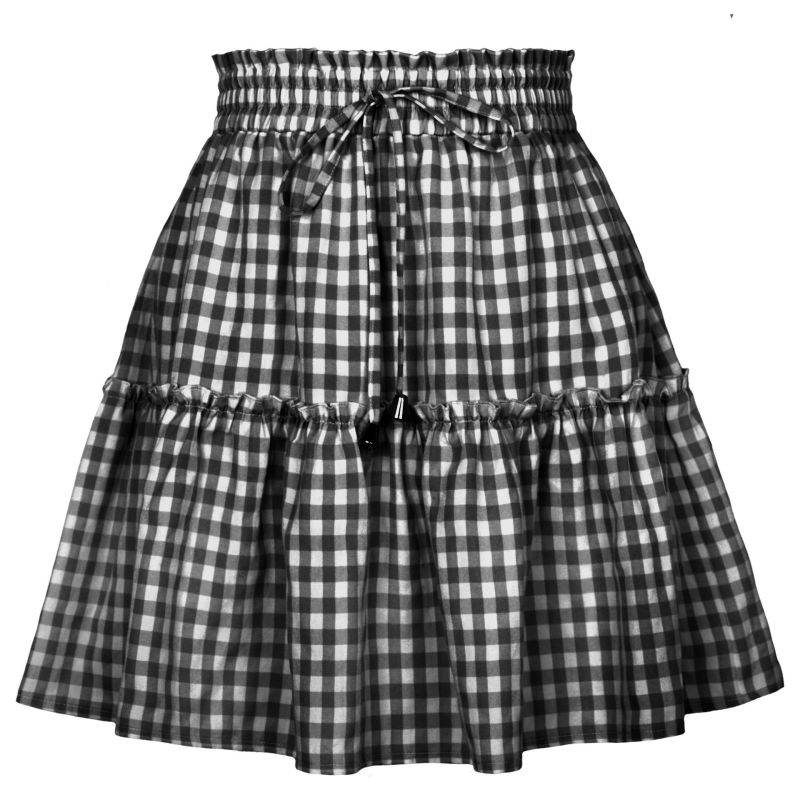 Fashion Black Cotton Printed Tiered Lace-up Skirt