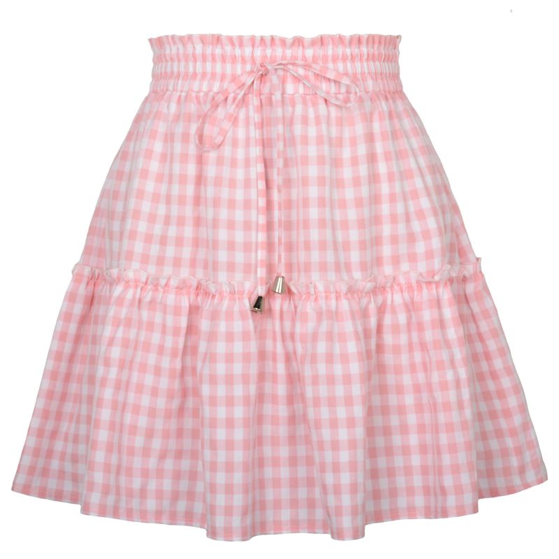 Fashion Pink Cotton Printed Tiered Lace-up Skirt