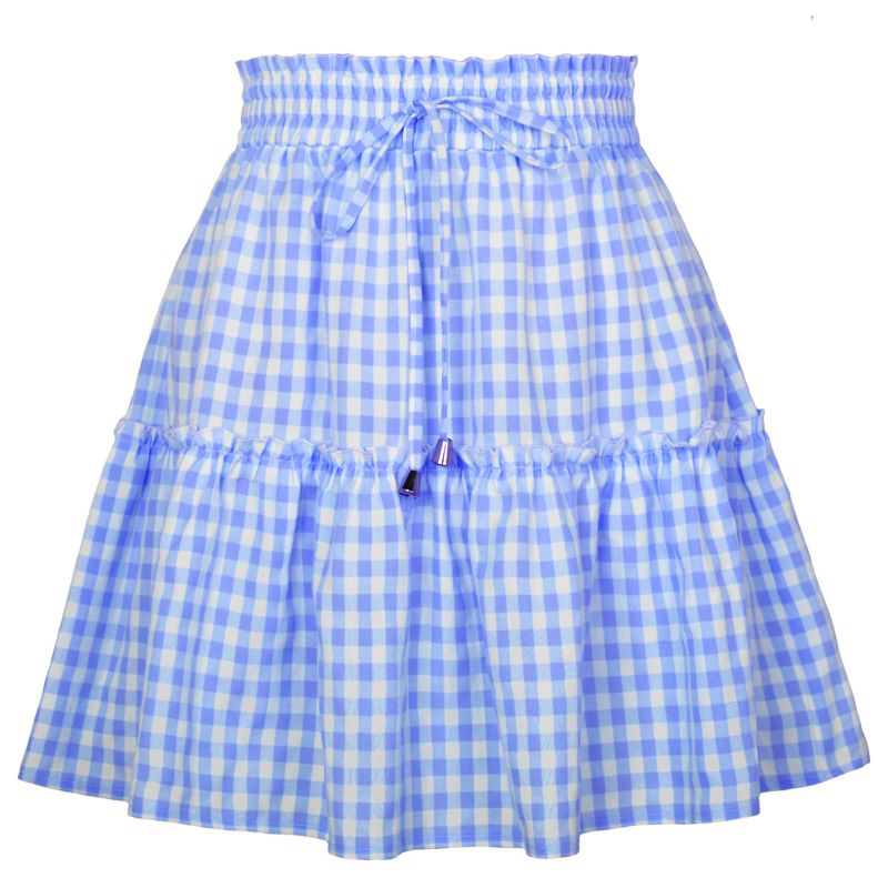 Fashion Blue Cotton Printed Tiered Lace-up Skirt