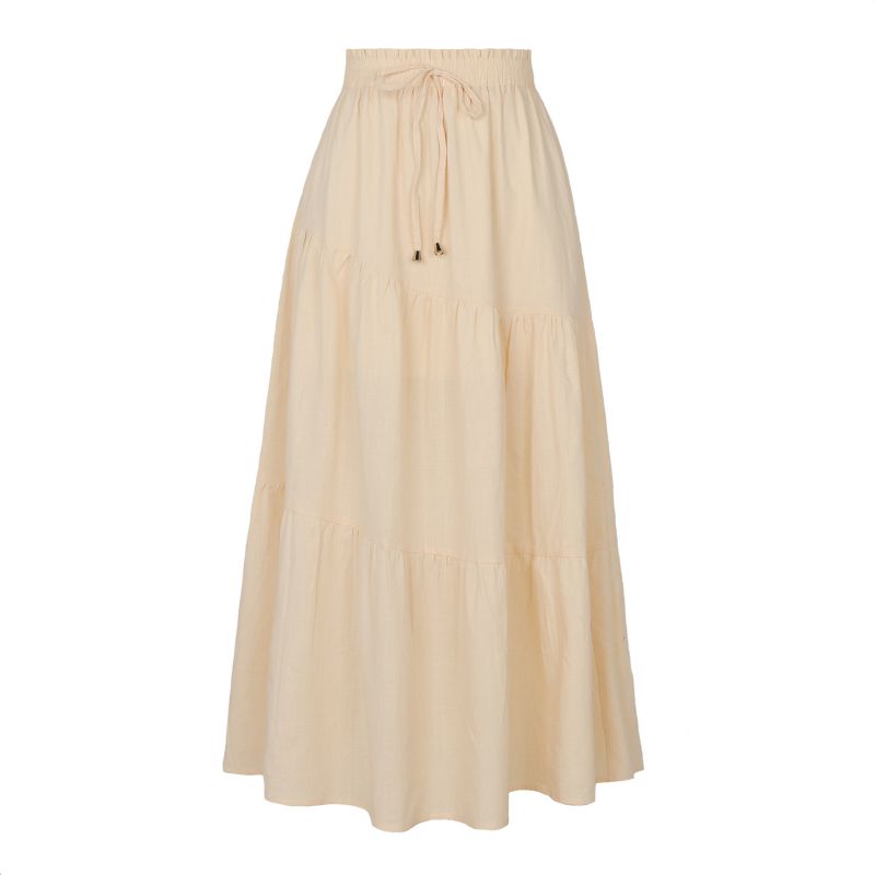 Fashion Beige Cotton Printed Lace-up High-waisted Maxi Skirt