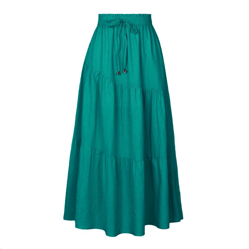 Fashion Green Cotton Printed Lace-up High-waisted Maxi Skirt