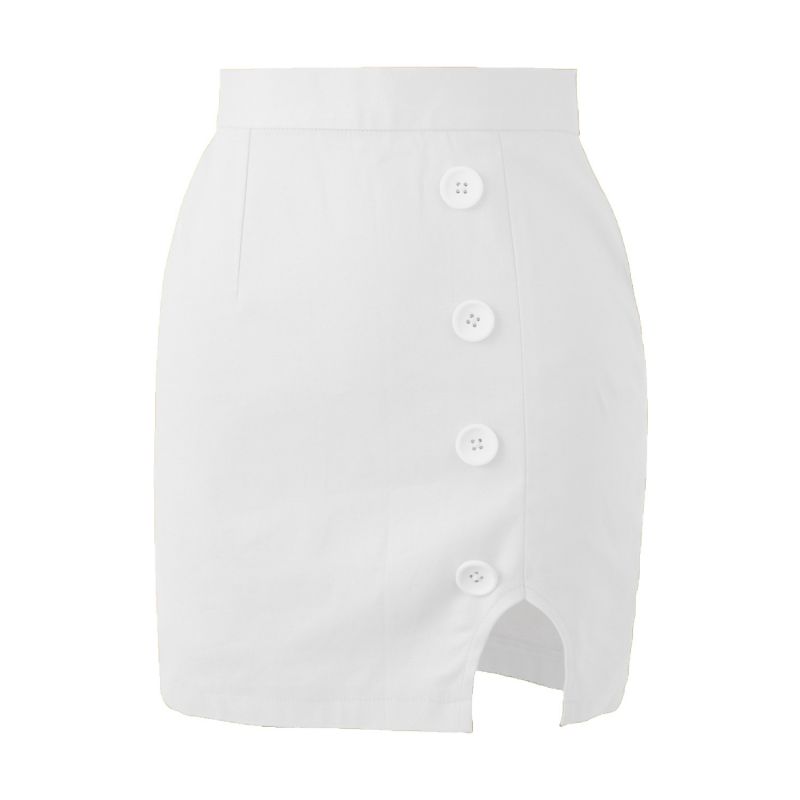 Fashion White Cotton High-waisted Buttoned Slit Skirt