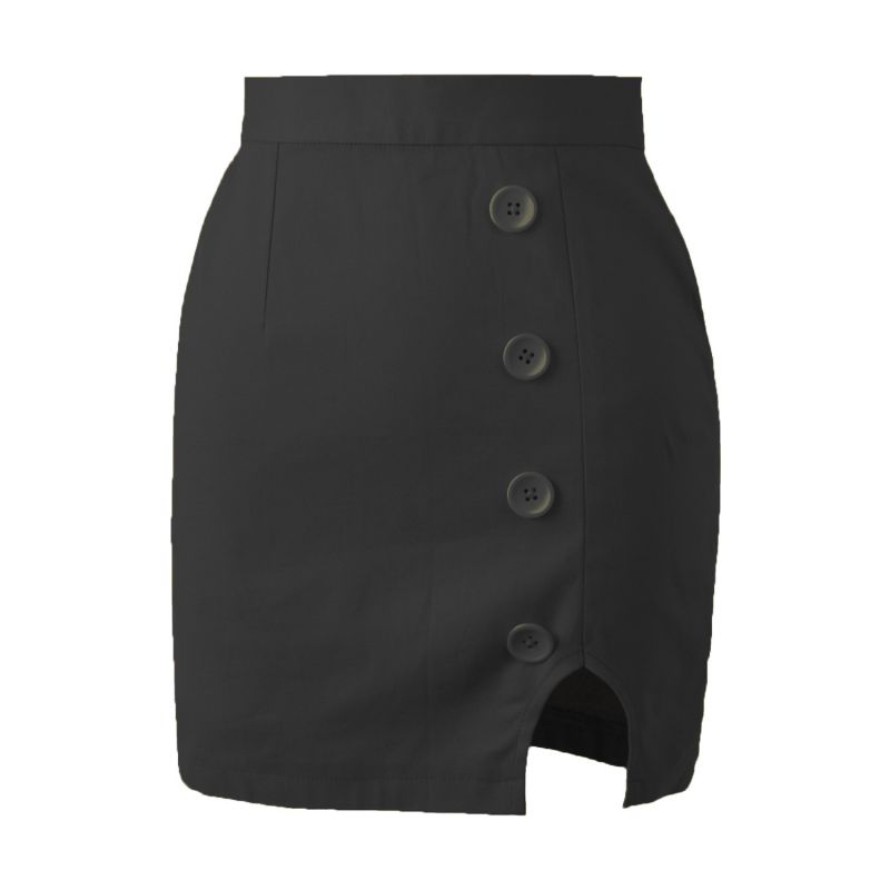 Fashion Black Cotton High-waisted Buttoned Slit Skirt