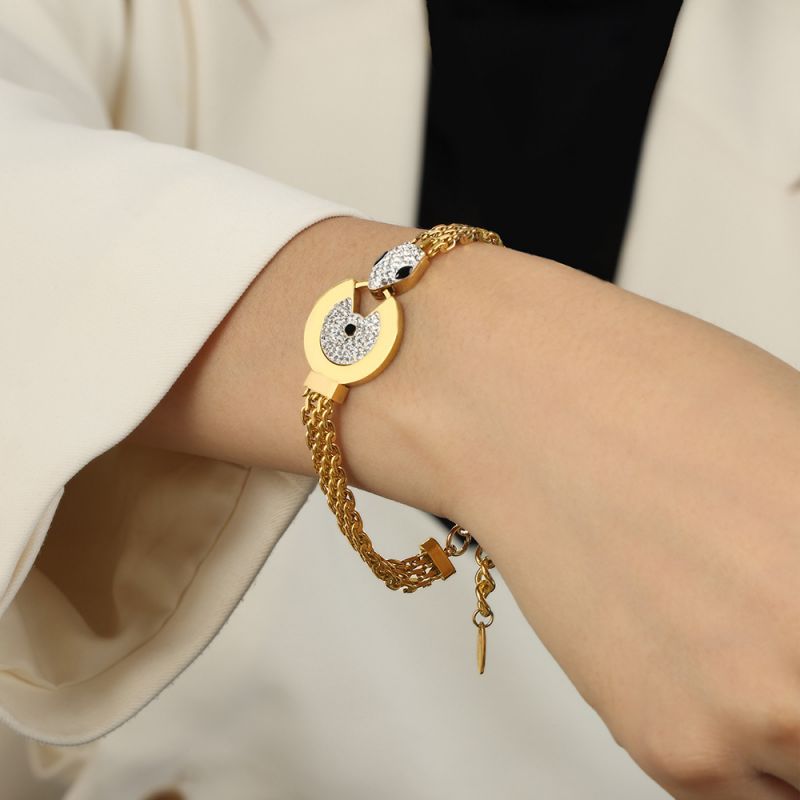 Fashion Gold Bracelet-15+4cm Titanium Steel Diamond Round Snake Head Bracelet