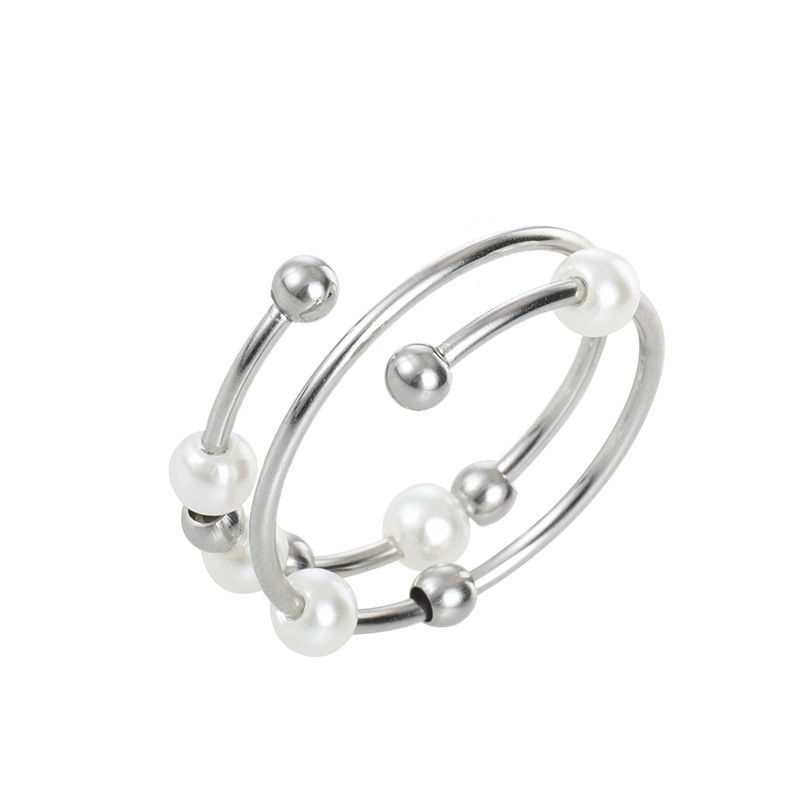 Fashion Silver Stainless Steel Pearl Geometric Open Ring