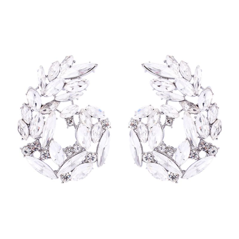 Fashion White Alloy Diamond Leaf Stud Earrings