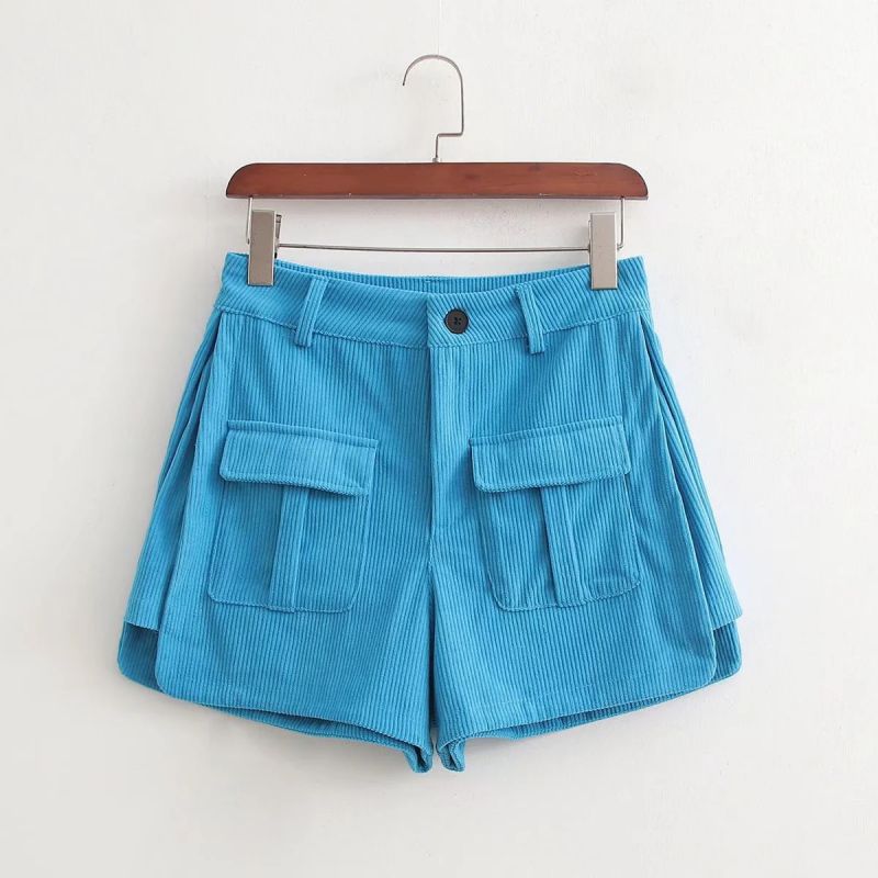 Fashion Blue Corduroy Double-pocket Cargo Shorts