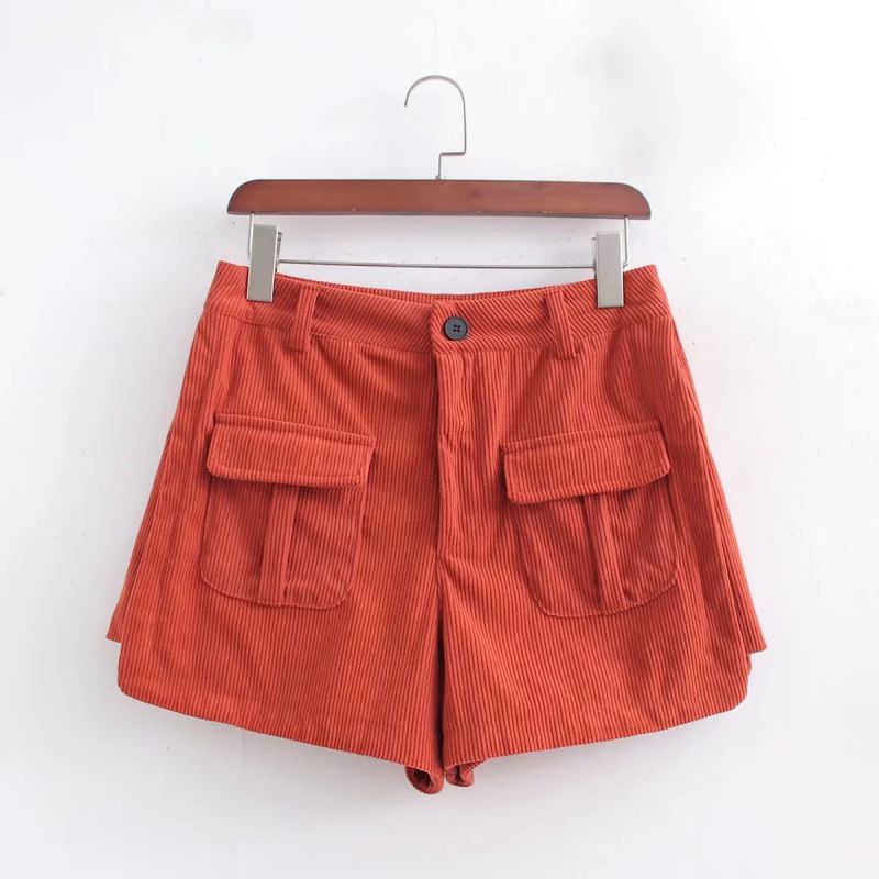 Fashion Orange Corduroy Double-pocket Cargo Shorts