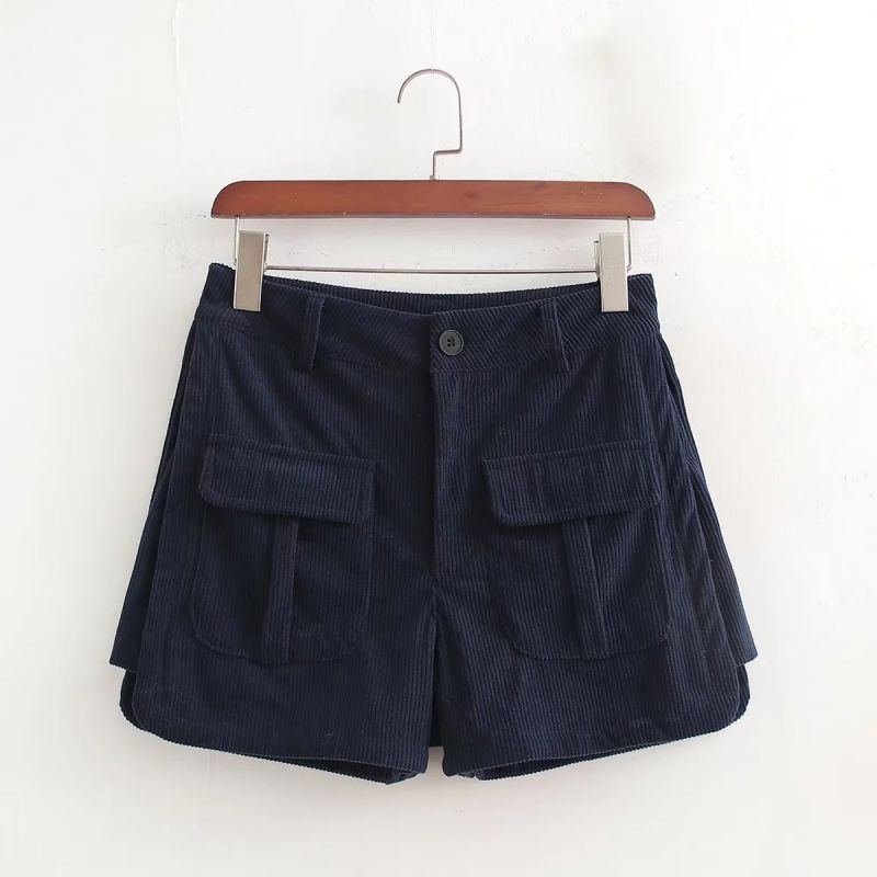 Fashion Navy Blue Corduroy Double-pocket Cargo Shorts