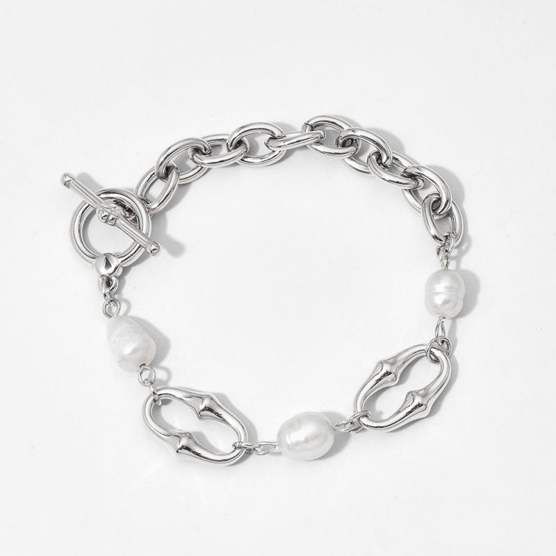 Fashion Silver Bracelet Stainless Steel Gold Plated Pearl Spliced Chain Bracelet