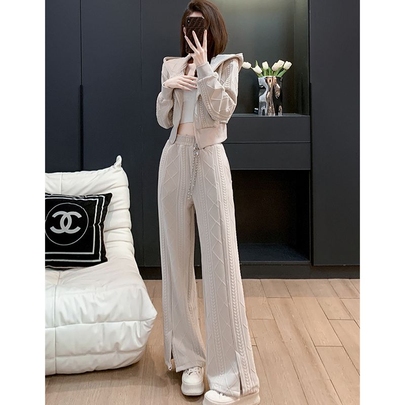 Fashion Apricot Suit Polyester Knitted Hooded Sweatshirt Wide Leg Trousers Set