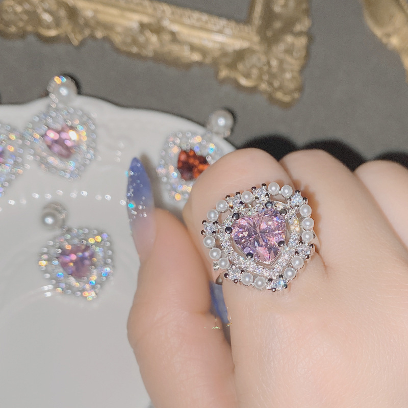 Fashion Ring 0422 Pink Diamond Copper Diamond Love Pearl Ring