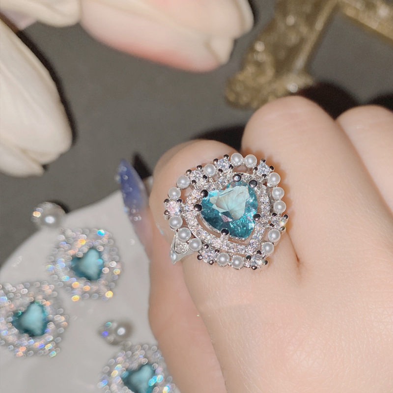 Fashion Ring 0423 Sea Blue Copper Diamond Love Pearl Ring