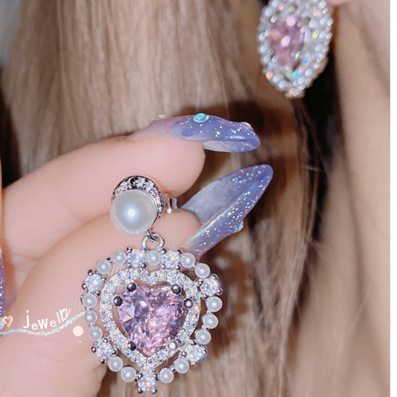Fashion Earrings 0239 Pink Diamond Copper Diamond Love Pearl Earrings