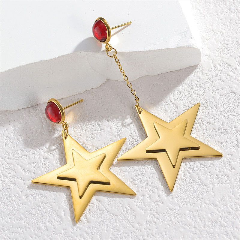 Fashion Gold Titanium Steel Five-pointed Star Earrings