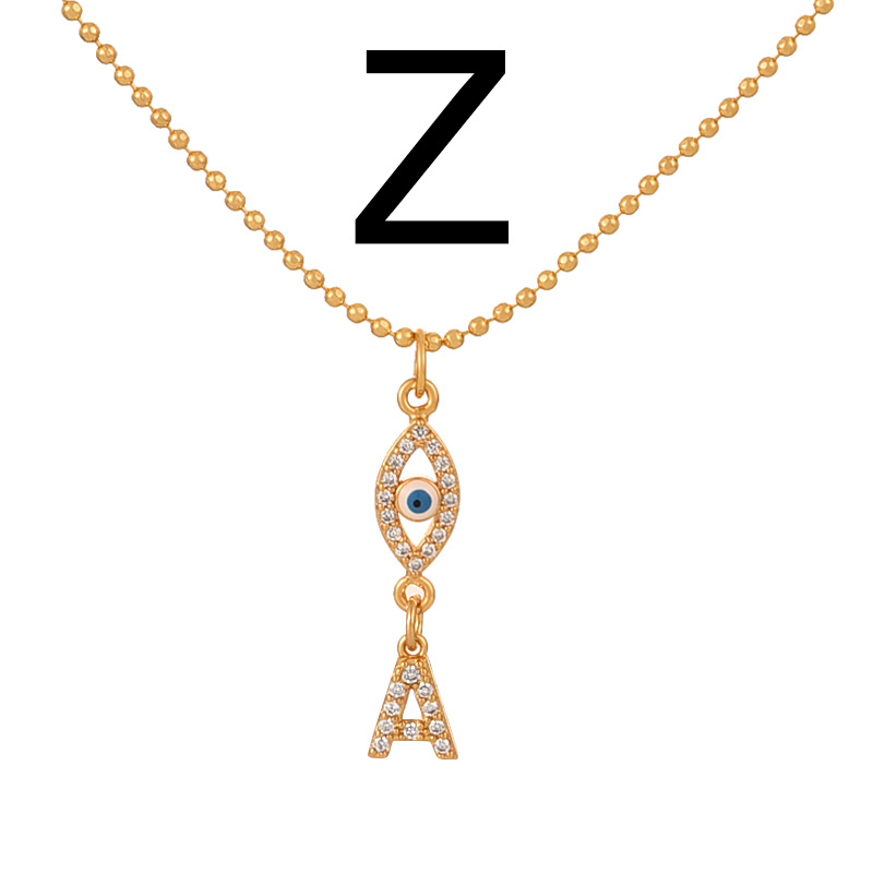 Fashion Z Copper Set Zircon Drop Eye 26 Letter Pendant Bead Necklace