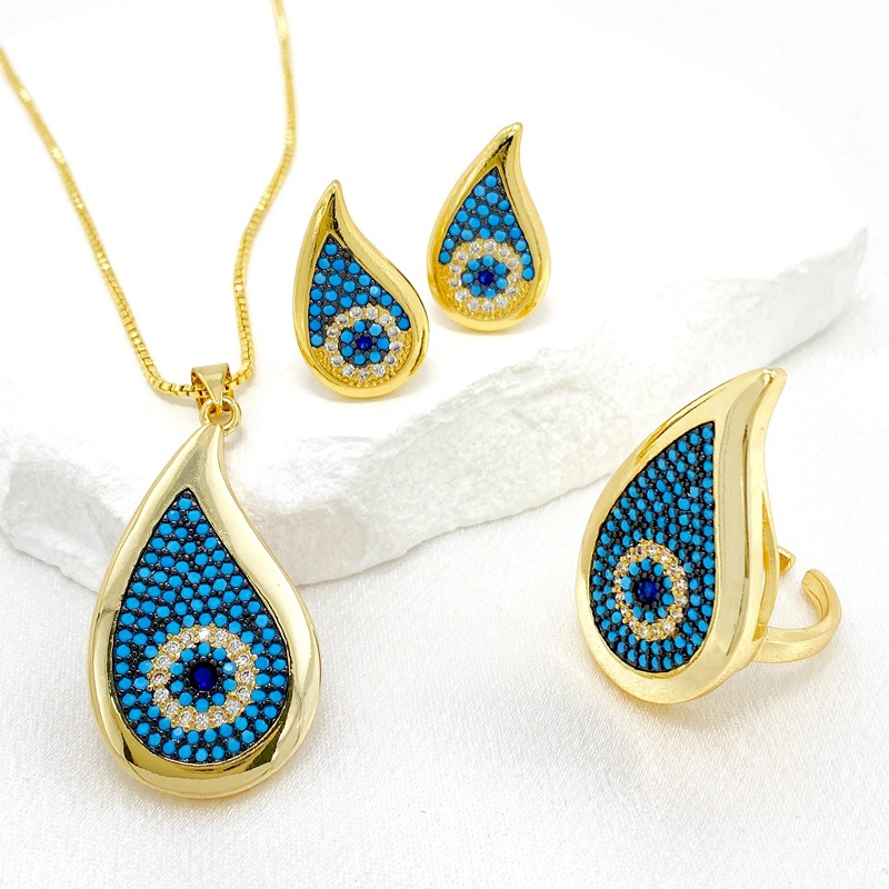 Fashion Gold Copper Inlaid Zirconium Eye Drop-shaped Necklace And Ring Set