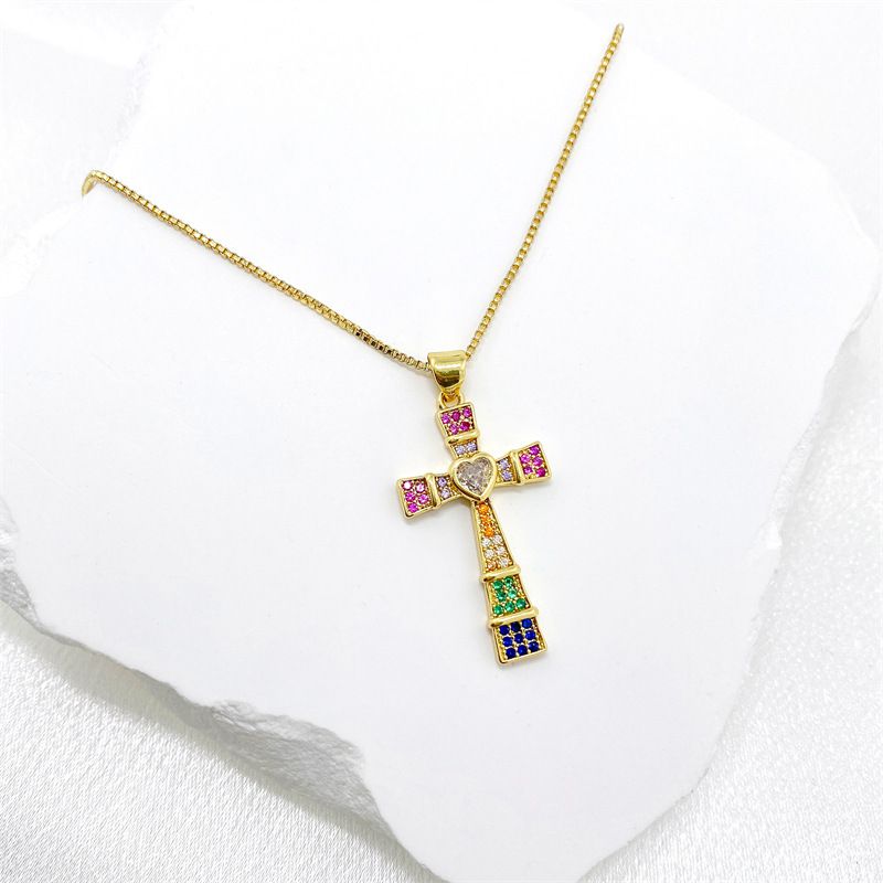 Fashion Color Copper Inlaid Zirconium Love Cross Necklace