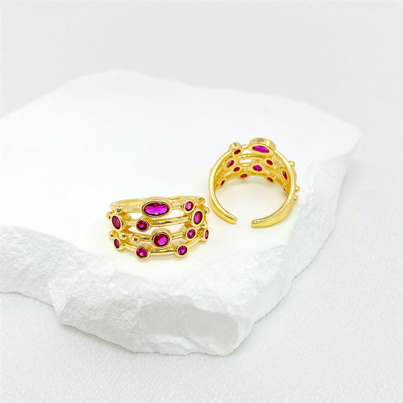 Fashion Rose Red Oil Dripping Gold Plated Copper Multi-layered Open Ring With Diamonds