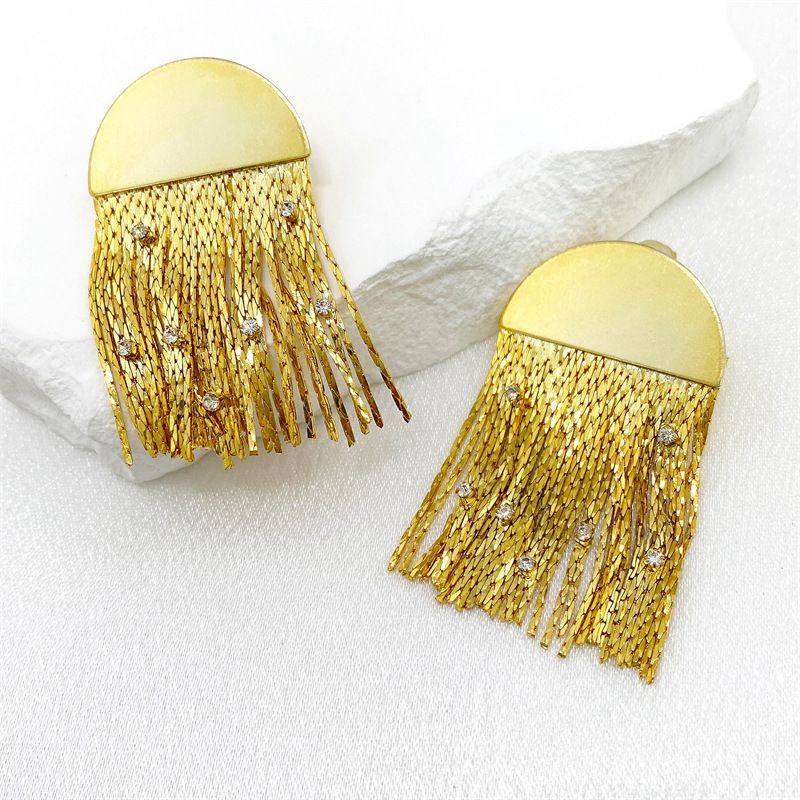 Fashion Gold Gold-plated Copper Tassel Half-circle Earrings With Diamonds