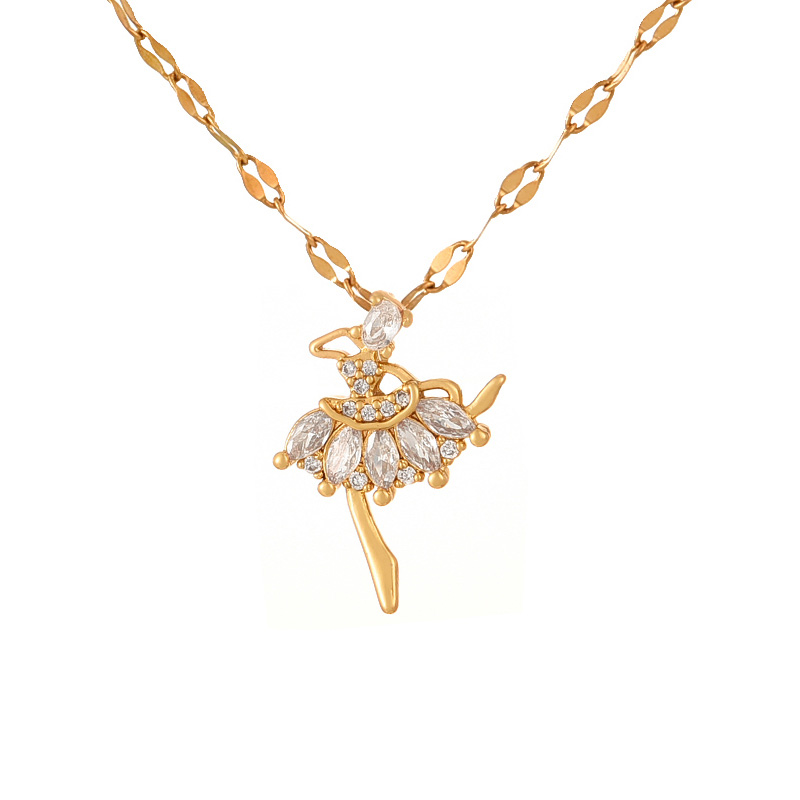 Fashion Gold Titanium Steel Inlaid Zirconium Ballerina Girl Necklace