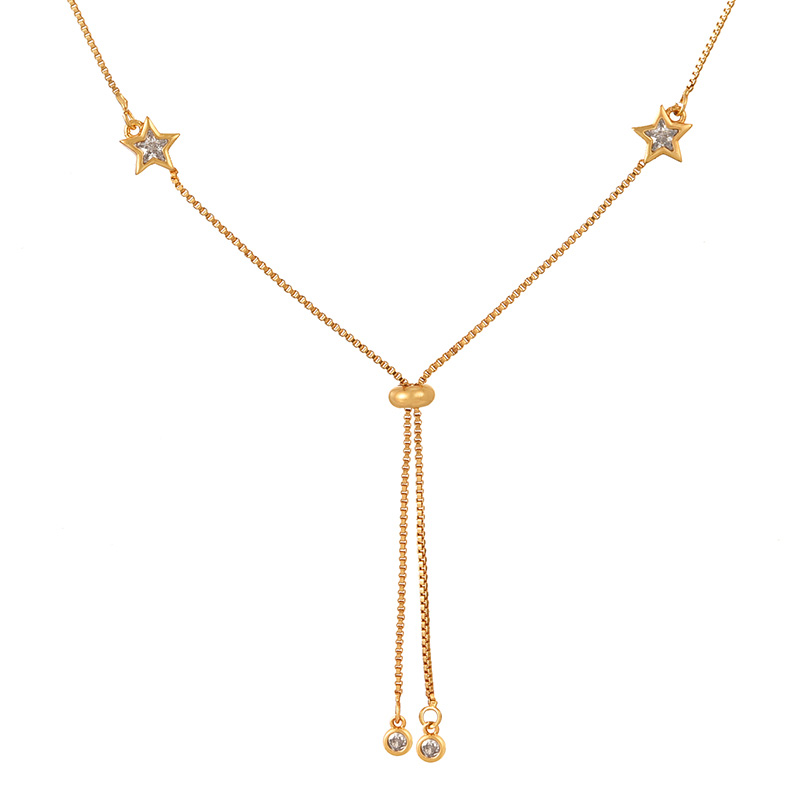 Fashion Golden 2 Copper Set Zircon Five-pointed Star Pendant Tassel Necklace