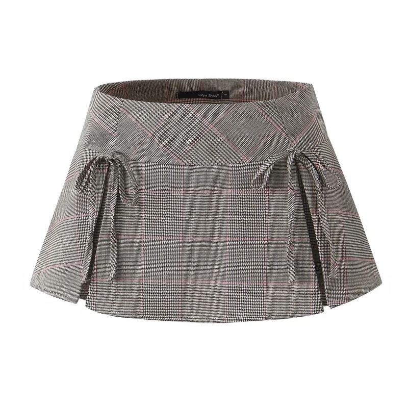 Fashion Brown Polyester Checked Lace-up Skirt