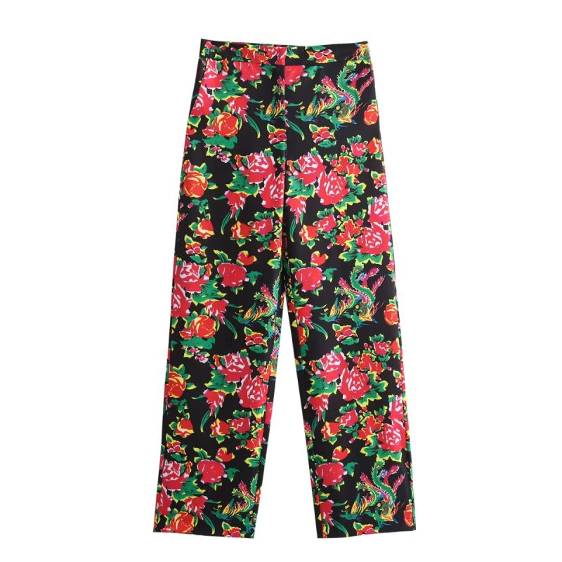 Fashion Black Polyester Printed Straight Trousers