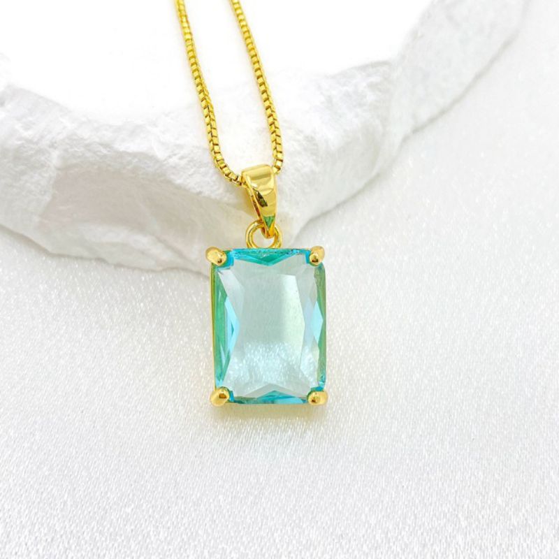 Fashion Blue Gold Plated Copper Square Necklace With Diamonds