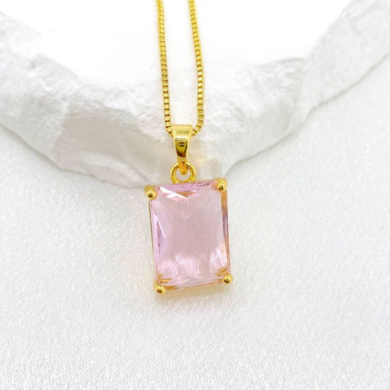 Fashion Pink Gold Plated Copper Square Necklace With Diamonds