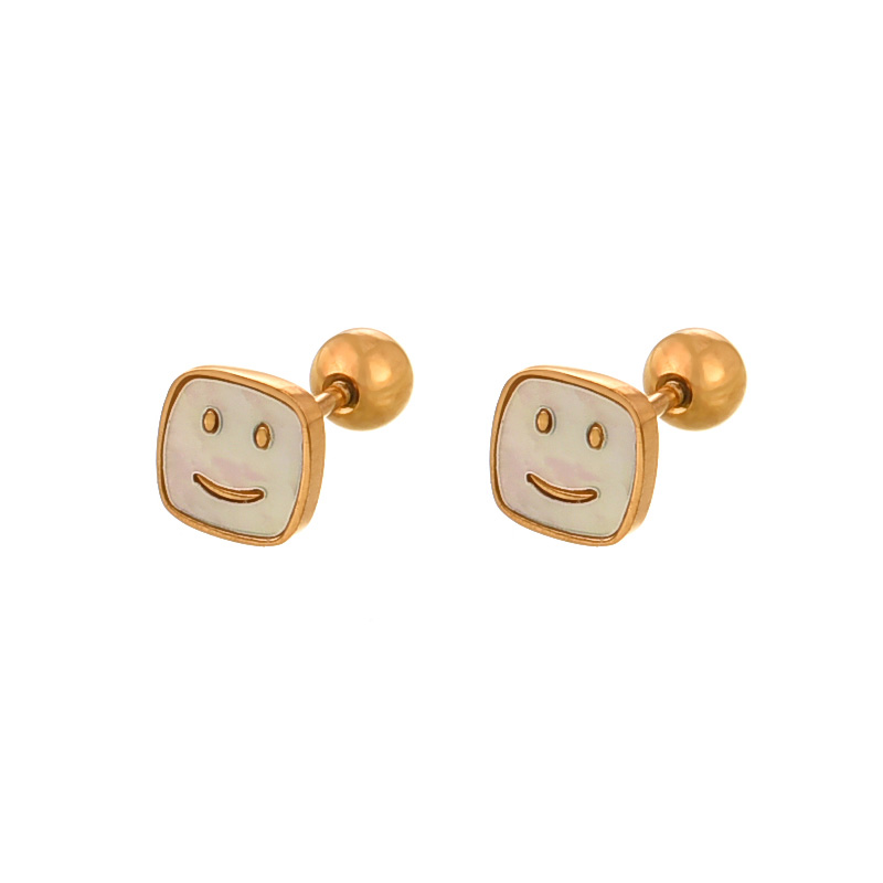 Fashion Golden 4 Titanium Steel Shell Square Smiley Face Bead Earrings