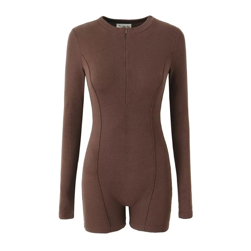 Fashion Brown Knitted Crew Neck Zip-up Jumpsuit