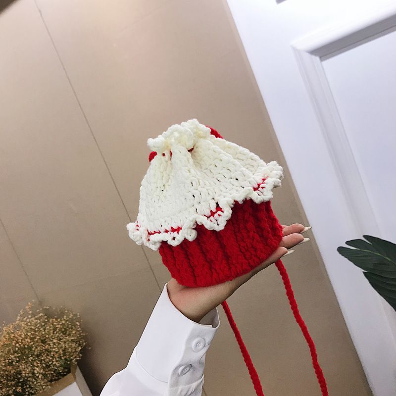 Fashion Red Material Package + Instructional Video Wool Crochet Cupcake Diy Crossbody Bag Material Package