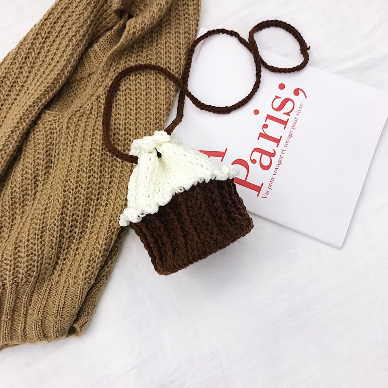 Fashion Brown Finished Product Wool Crochet Cupcake Crossbody Bag