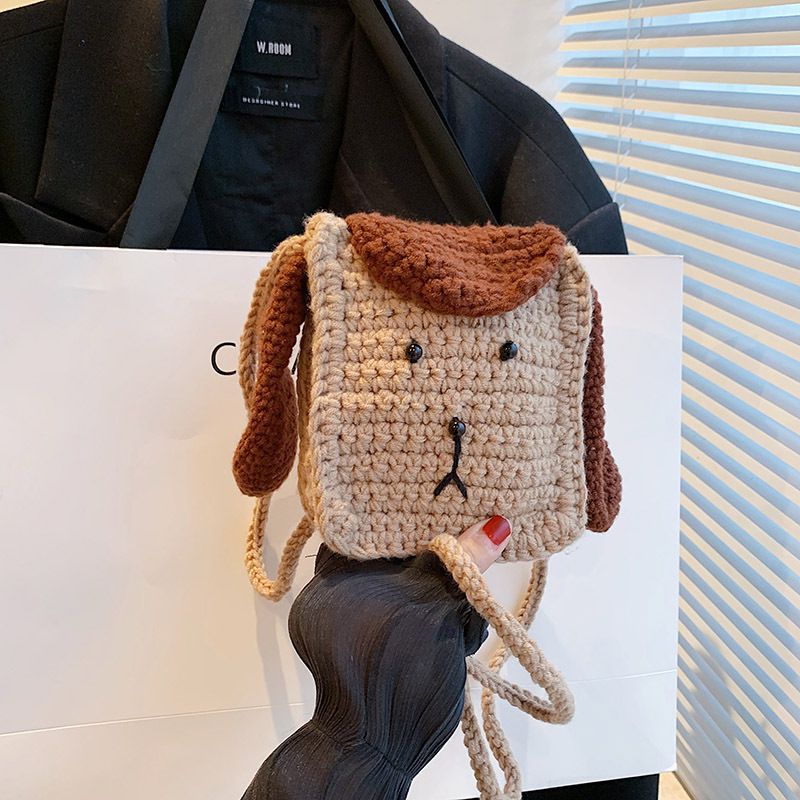 Fashion Coffee Color Wool Crochet Frog Crossbody Bag