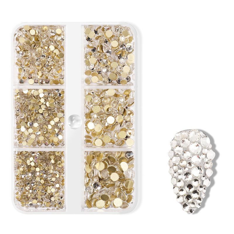 Fashion White Diamond On Gold Sz-02 6-slot Manicure Round Flat Bottom Rhinestones