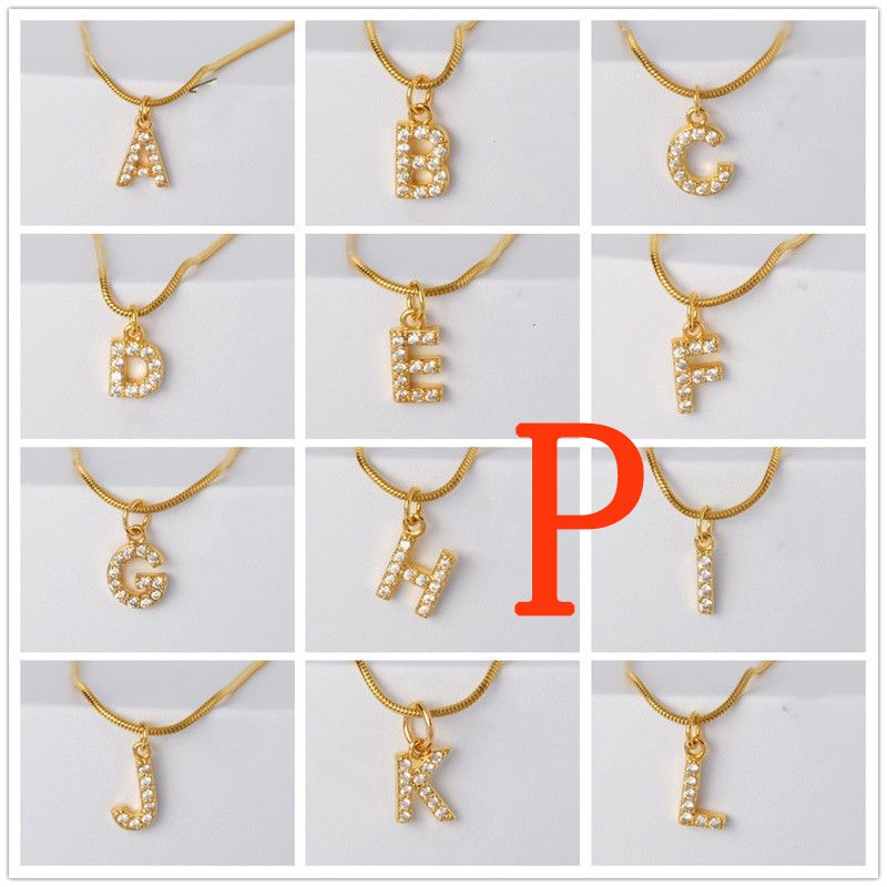 Fashion Golden P Gold Plated Copper And Diamond 26 Letter Necklace
