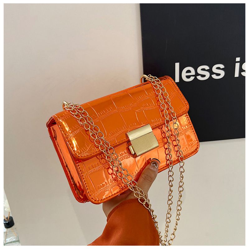 Fashion Orange Pu Glossy Flap Crossbody Bag