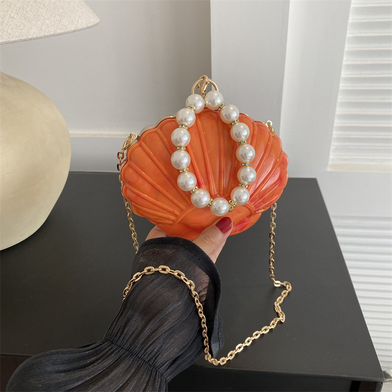 Fashion Orange Pearl Beaded Acrylic Shell Clip Crossbody Bag