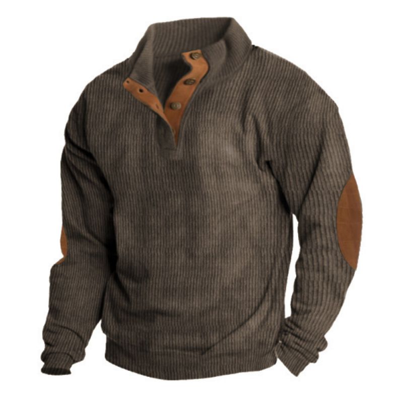 Fashion Brown Corduroy Buttoned Pullover Sweatshirt