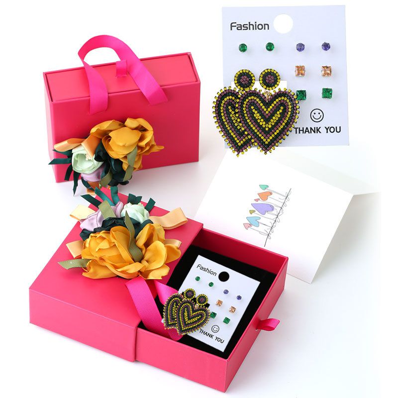 Fashion 24# Love [5 Pairs Of Flowers In Rose Red Gift Box] Geometric Diamond Earring Set