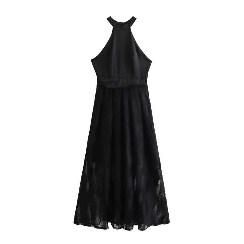 Fashion Black Lace Mesh Halter Neck Long Dress