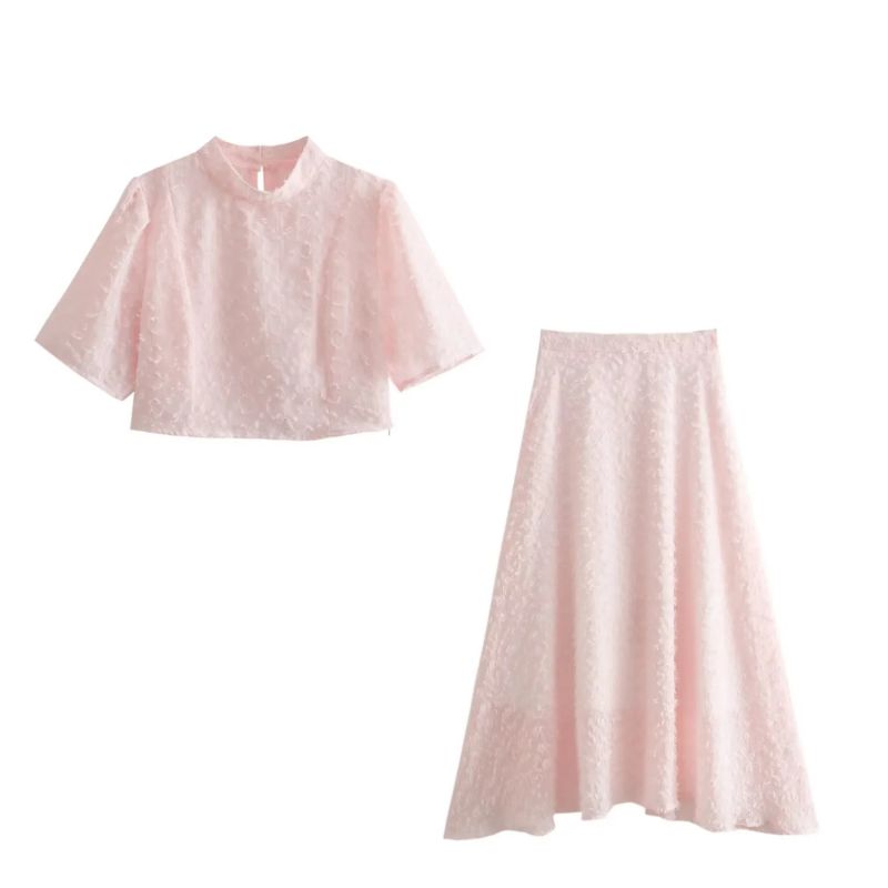 Fashion Pink Polyester Brushed Short-sleeved Skirt Suit