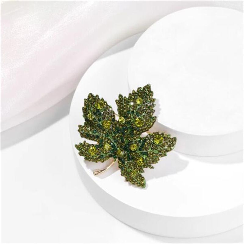 Fashion Green Alloy Diamond Maple Leaf Brooch