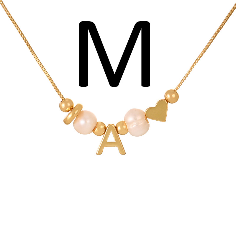 Fashion M Copper Love Pearl 26 Letter Pendant Beaded Necklace
