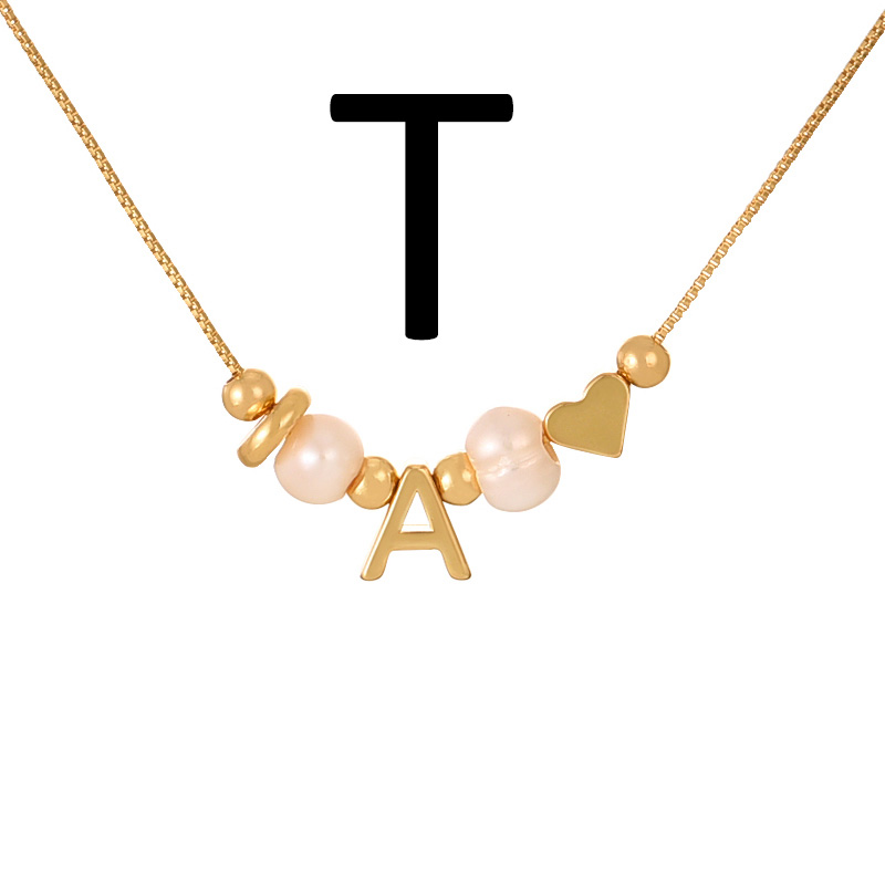 Fashion T Copper Love Pearl 26 Letter Pendant Beaded Necklace