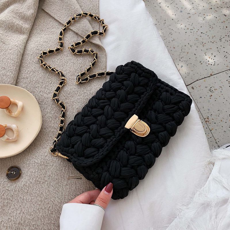 Fashion black woolen woven flap crossbody bag