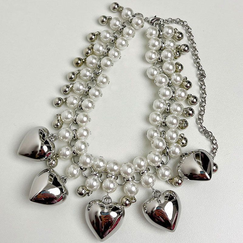 Fashion Silver Pearl Beaded Love Necklace