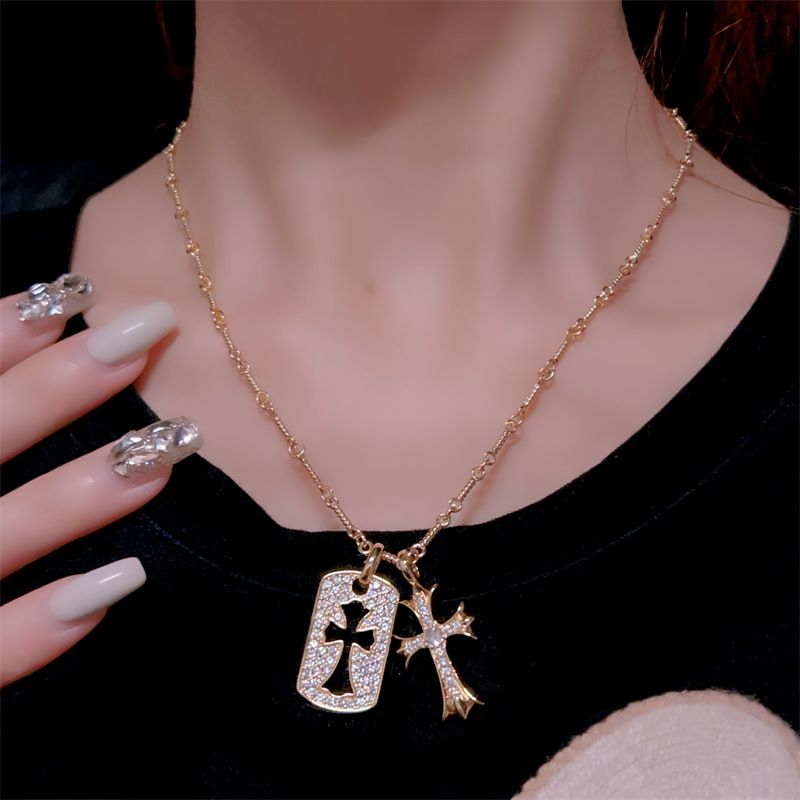 Fashion Gold Copper Set With Diamond Hollow Cross Necklace